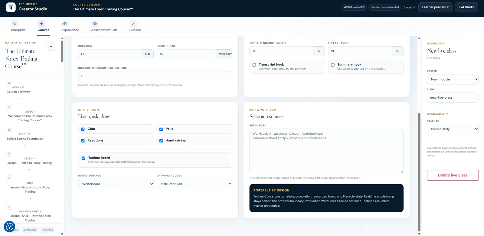 Techne Live class configuration in Creator Studio